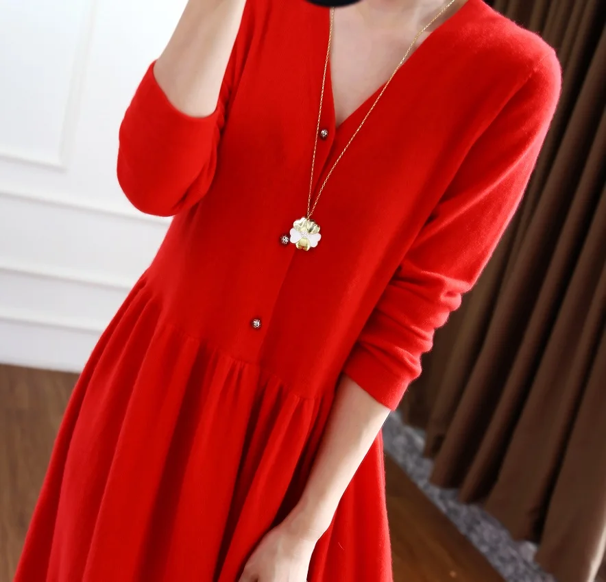 2021 Autumn And Winter New V-Neck100% Wool  dress female Temperament Long Paragraph OverThe Knee Big Dress Long Girl Clothes