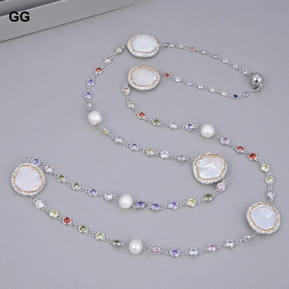 

GuaiGuai Jewelry 36'' Natural White Coin Pearl Mixed Color Cz Pave Chain Long Sweater Chain Necklace For Women