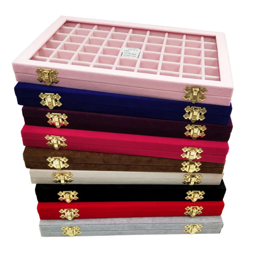 Velvet Jewelry Box Jewellery Storage Earring Organizer with Glass for Lid Ring Bracelet Necklace Watch Pendant Tray Showcase Gif