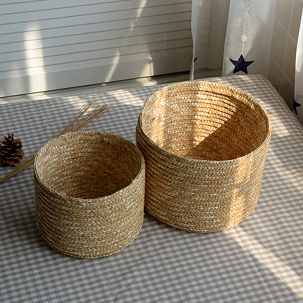 Handmade Straw Woven Storage Basket Desktop Storage Box With Lid Snack Organizer Laundry Baskets Rattan Seagrass Flower Basket