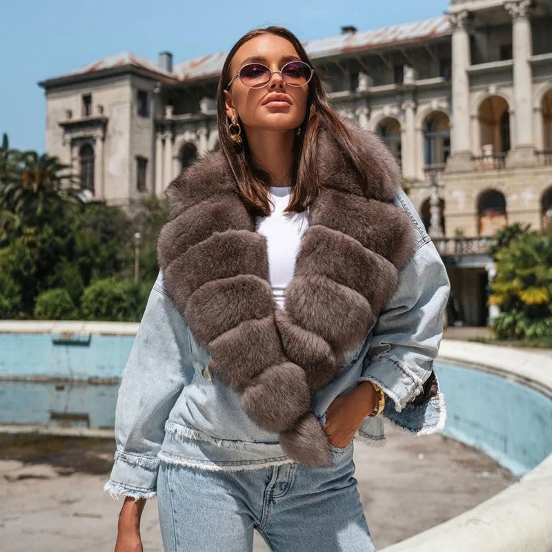 FURSARCAR Hohe Qualität Echt Pelz Mäntel Winter Frauen Mäntel 2021 Neue Mode Warm Fox Pelz Kragen Jean Splice Jacke Weibliche mantel