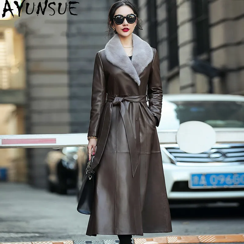 

AYUNSUE 2020 Women's Leather Jacket Real Sheepskin Coat Female Long 90% White Duck Down Jackets Mink Fur Collar Cuero Genuino 71