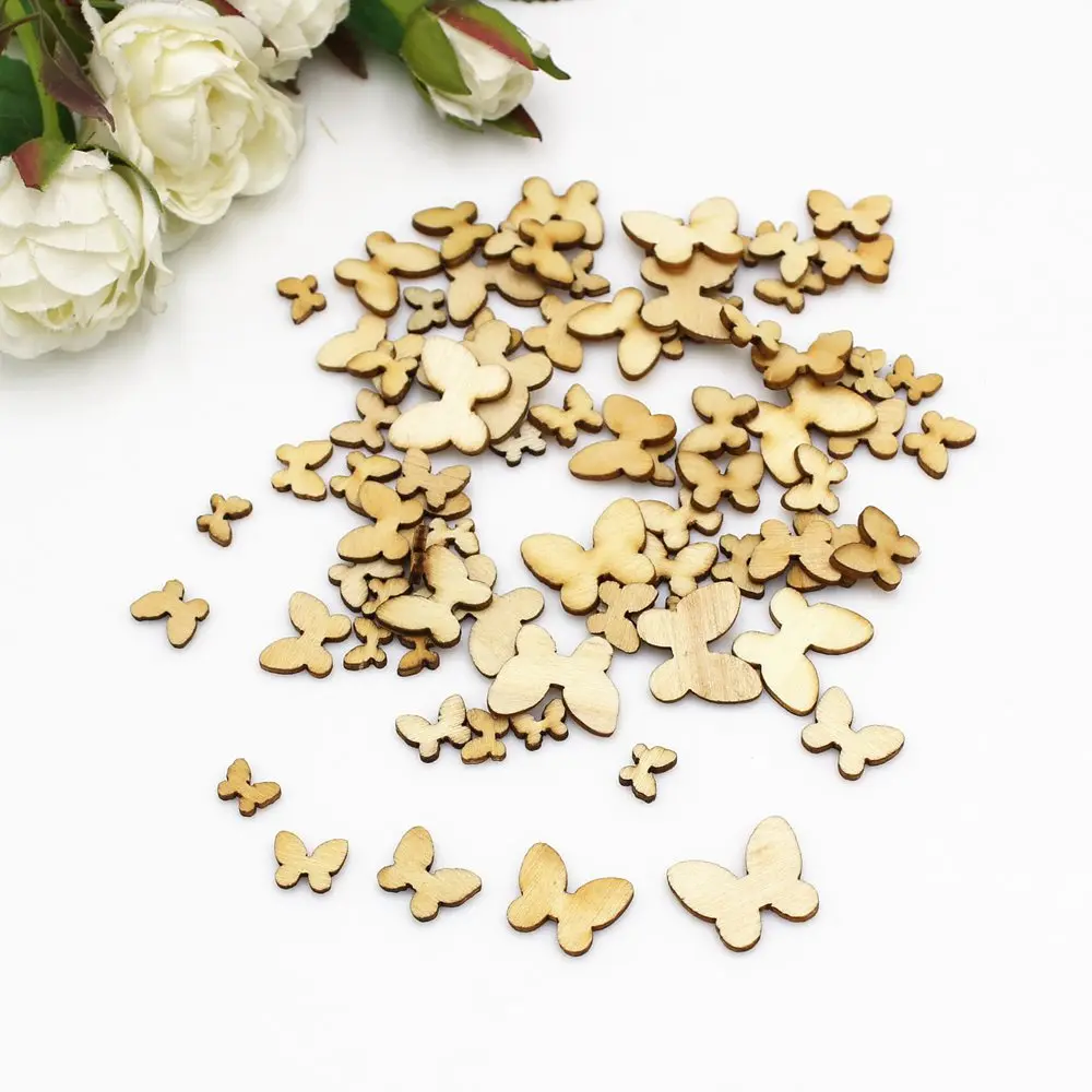 200 pz/pacco fette di legno a farfalla mista artigianato fai da te Scrapbooking decorazioni per la casa ornamenti in legno accessorio fatto a mano