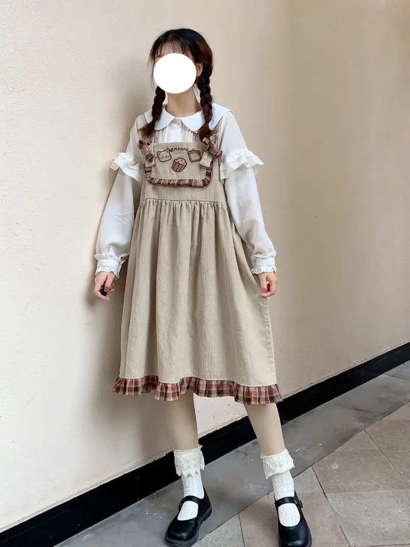 Lolita Cute Bear Corduroy Overall Dress Women Girls Sleeveless Vintage Plaid Ruffle Harajuku Casual Kawaii Suspender Dresses