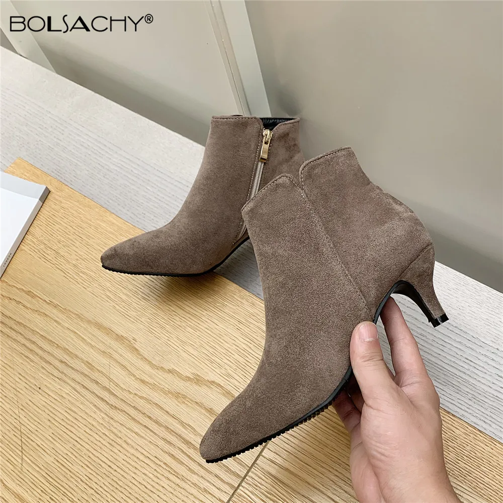 2021 Grey Fashion Women High Heel Booties Large Size 33-43 Female High-Heeled Boots Side Zip Ladies Booties Thin Heel Black