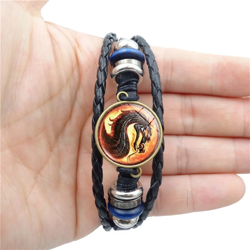 Mortal Kombat Charm Multi Layer Leather Bracelet Fighting Game Dragon Jane Empire Glass Dome Bangle Bracelet Leather Jewelry Han