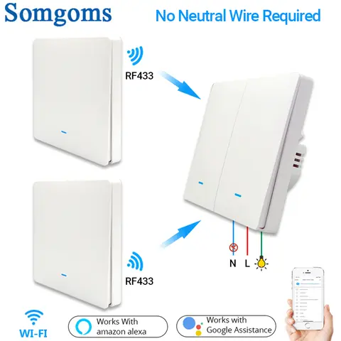 WiFi RF433 스마트 벽 조명 스위치, 중립 무선 송신기 없음, Tuya APP 제어 Alexa Google 홈 호환 1/2/3 Gang