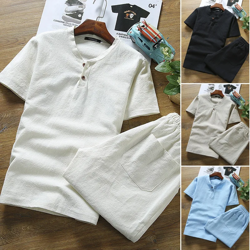 Linen Short-sleeved T-shirt + Shorts 2Pcs Men Cotton Linen Causal Suit For Male Summer Spring Autumn