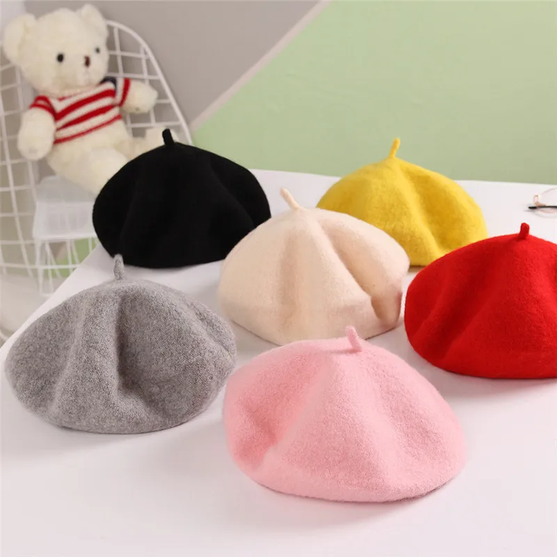 Baby Kids Girls Beret French Artist Warm Wool Winter Beanie Hat Retro Vintage Plain Beret Solid Color Elegant