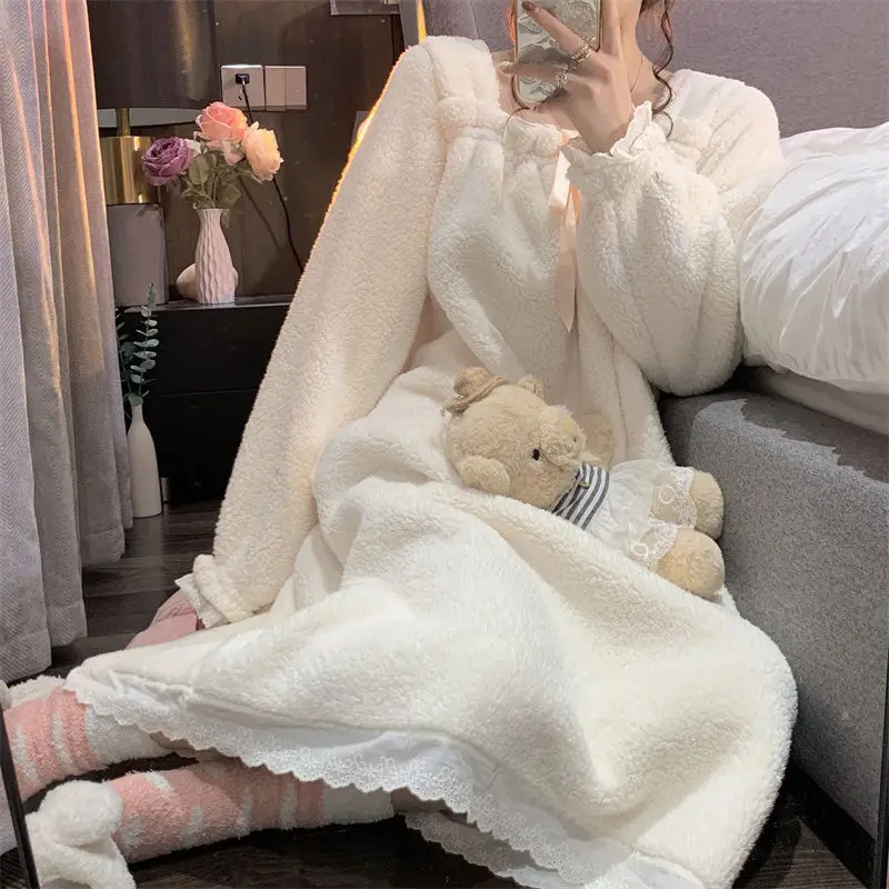 Women Lace Bow Pajama Sets Flannel Cute Warm Sleepwear New Plush Sweet Outwear Long Sleeve Pajamas Thick Winter Lounge Wear Ins