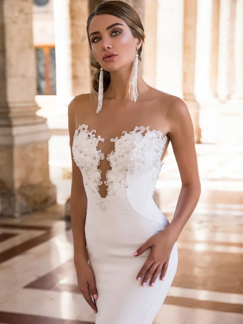 Nuovi abiti da sposa a sirena senza schienale Illusion O Neck Appliqued perline 2021 abiti da sposa abiti da Noiva