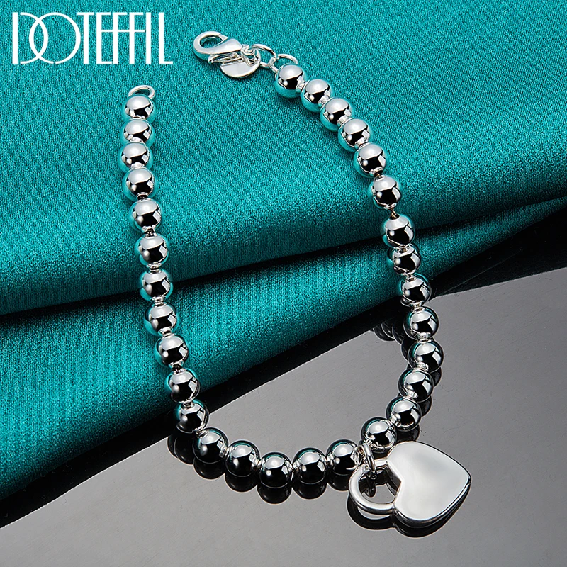 DOTEFFIL 925 Sterling Silver Heart Lock 6mm Beads Chain Bracelets Jewelry For Women Top Quality Lovers Bracelets Christmas Gift