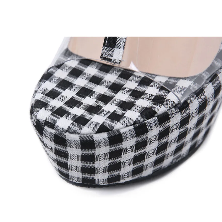 Plaid Fabric Platform Women Sandals 2024 Sexy Transparent PVC Open Toe High Heels Pumps Ankle T-Buckle Bohemia Wedge Shoes Woman