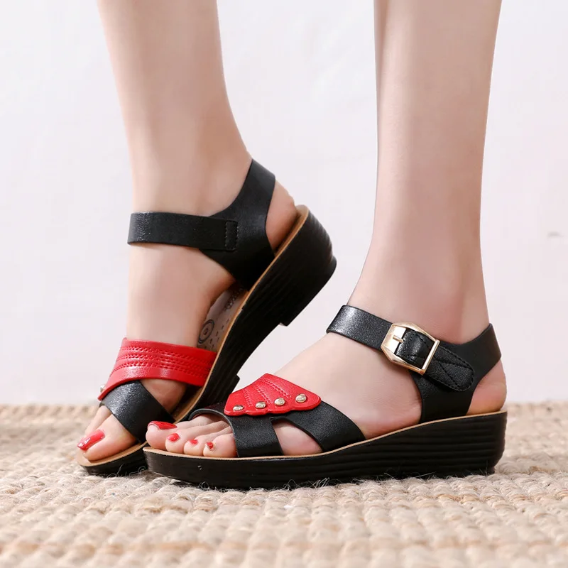 Summer Women Flat Sandals Genuine Leather Ankle Strap Female Casual Wedges Sandals Lady Sneakers Comfortable Walking Sandals