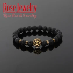 Men Bracelet Natural Stone Hematite Lava Beads Bracelet Gold Silver Color Lion Head Cown Charm Bracelet Jewelry for Women Men