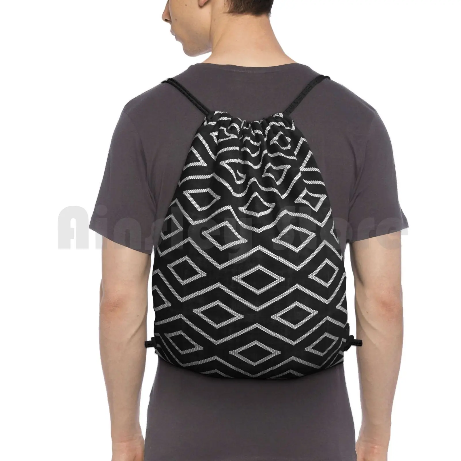 Diamond Tribal In Black And White Backpack Drawstring Bag Riding Climbing Gym Bag Tribal Ethnic Eclectic Boho Bohemian