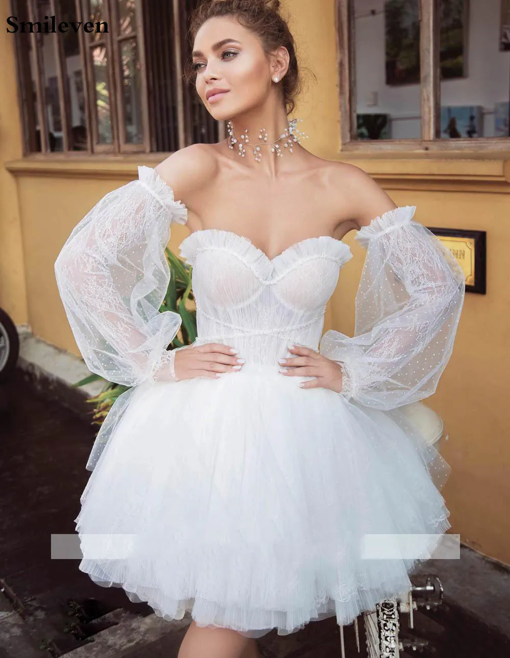 Smileven Puff Sleeve Detachable Short Wedding Dress 2020 Sweetheart A Line mini Boho Bride Dresses Strapless Beach Wedding Gowns