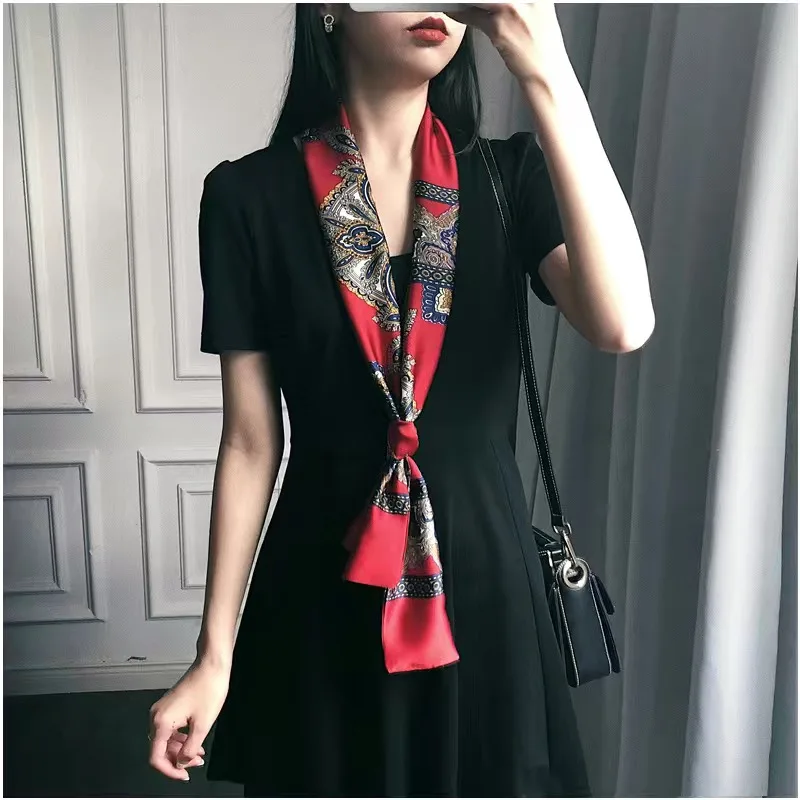 145X15CM Spring Korean Scarf Double-sided Print Long Silk Satin Scarf For Ladies Business Party Neckerchief Girl Hair Scarves