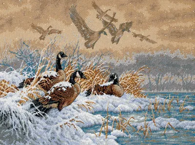 Counted Cross Stitch Kit, Winter Retreat Flight, Widgeon Duck, Swan Animal Animals, Snow Lake, Dim 35205, 14 CT, 22 CT, 25CT