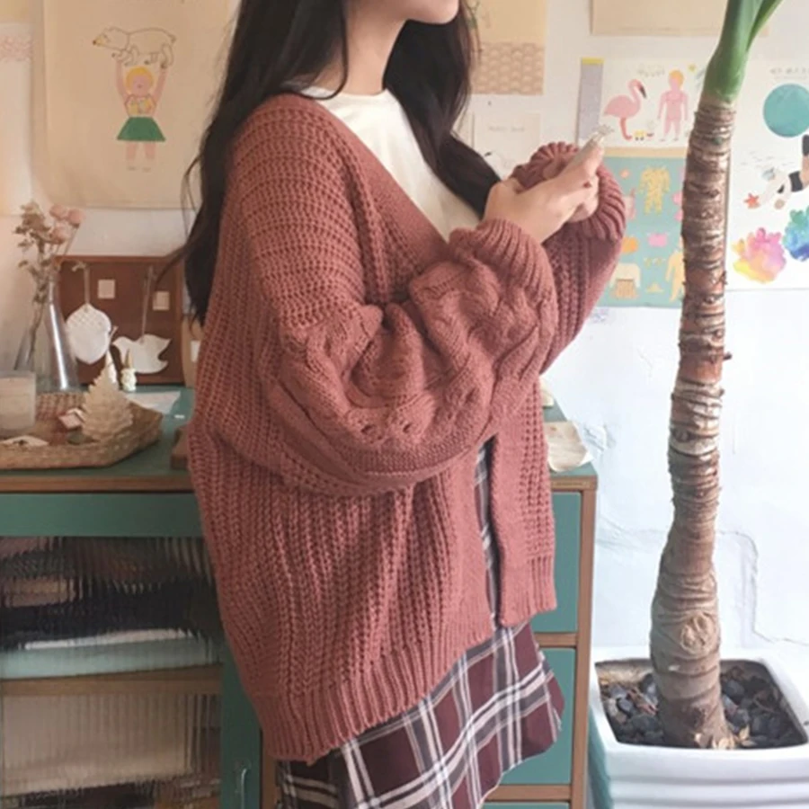 DICLOUD-Suéter de punto suelto Harajuku para mujer, cárdigan cálido, abrigo informal universitario, manga larga, invierno, moda de otoño, nuevo