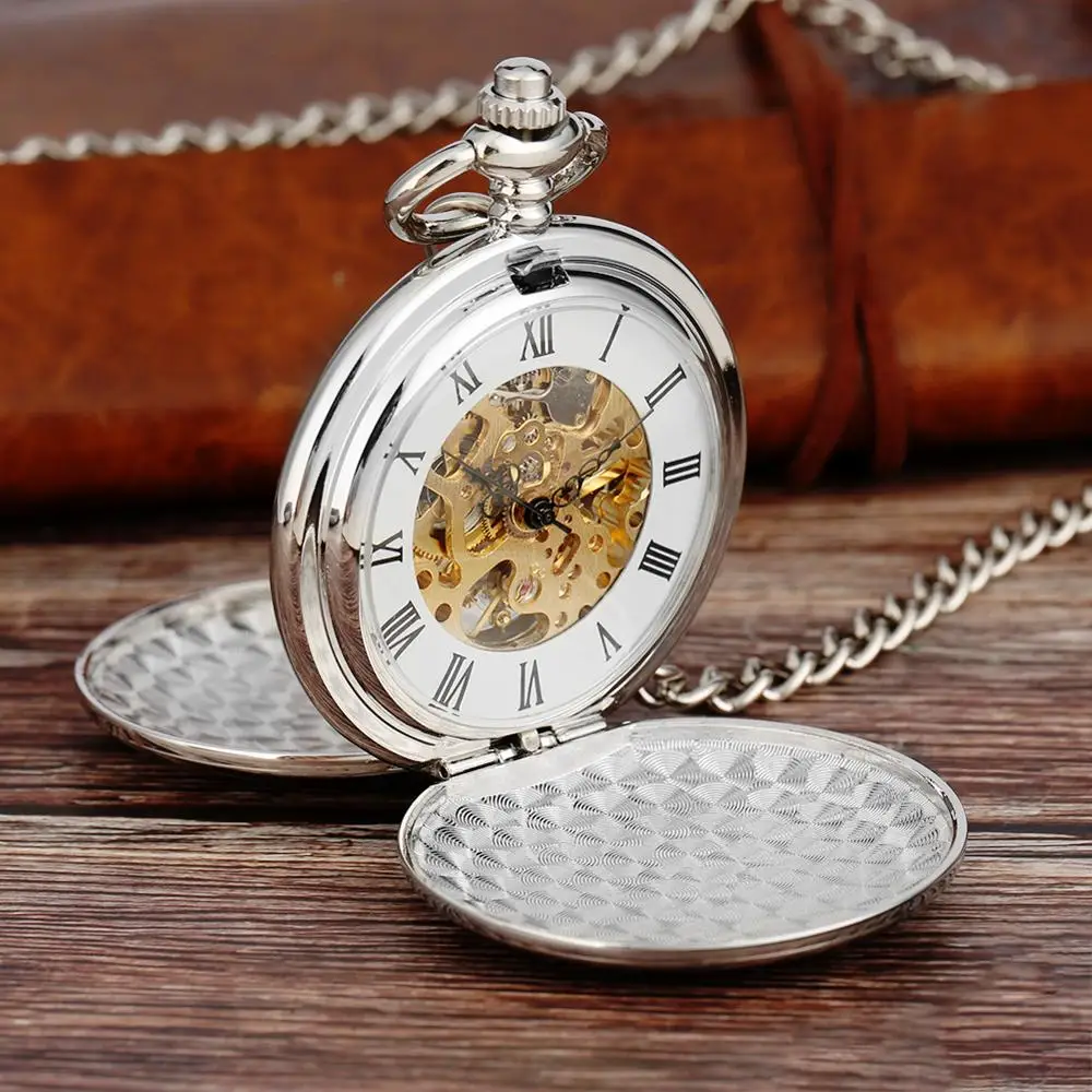 2023 New Arrival Silver Smooth Double Full Hunter Case Steampunk Skeleton Dial Mechanical Pocket Watch with Chain for Best Gifts