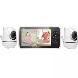 Moniteur Vidéo et Audio avec Vision Nocturne pour Bébé, Accessoire avec Capteur de Température et Berceuse, 5 Pouces, 2 Caméras, 4X Zoom et 1000Ft de Puissance, Audio à 2 Voies