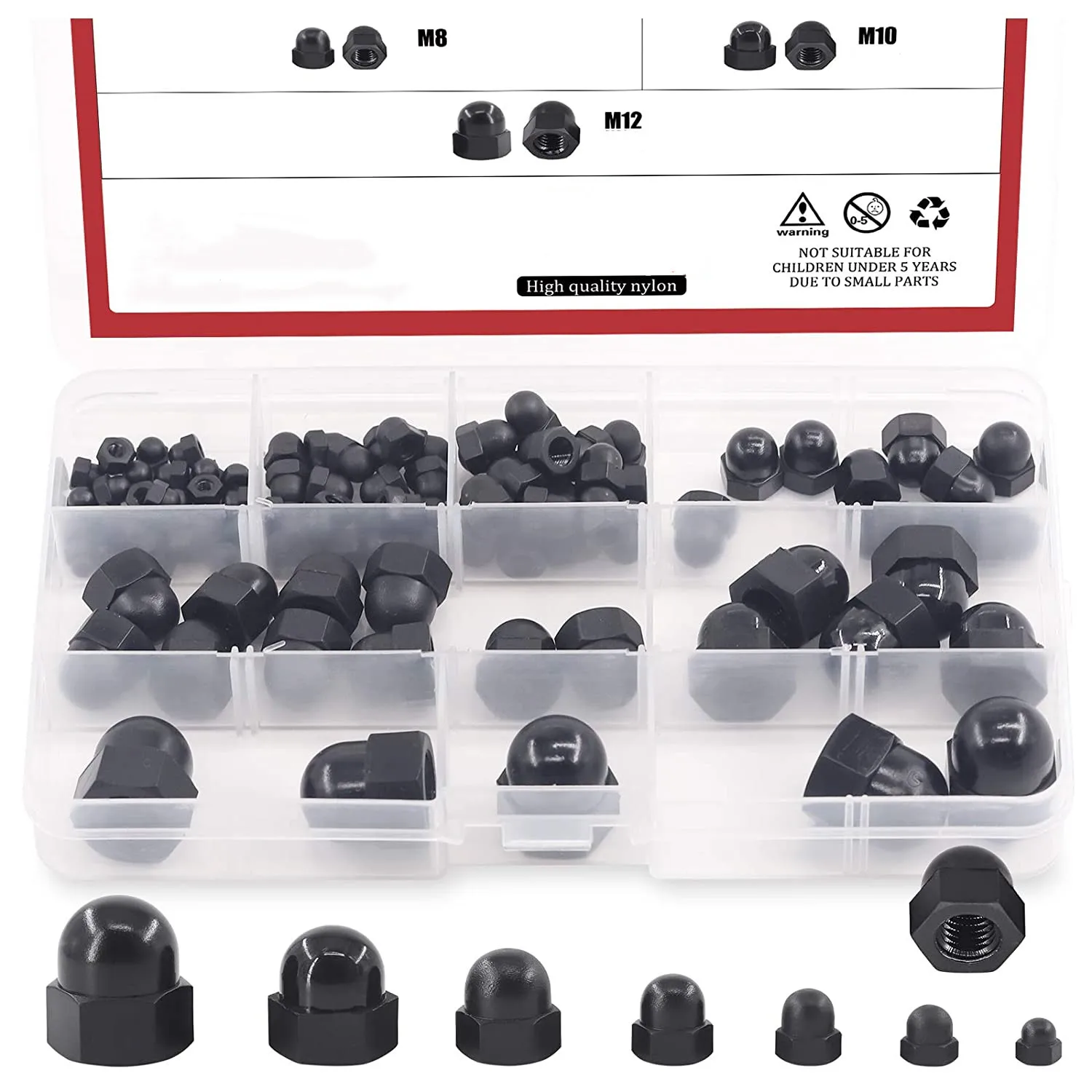 

7Sizes Black Nylon Acorn Nut Metric Inner Threaded Cap Nuts Assortment Kit M3 4 5 6 8 10 12 Dome Nuts