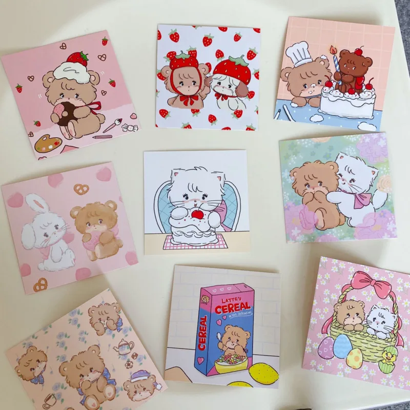 Korean Ins Cartoon Cute Bear Rabbit Postcard Kawaii Mini Square Bookmark Diy Decorative Card Photo Prop Wall Sticker 9 Sheets