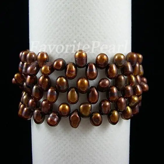 New Arrival Pearl Bracelet Triple Row Brown Color Natural Freshwater Pearl Wrap Bracelet Fine Pearl Jewelry Charming Women Gift