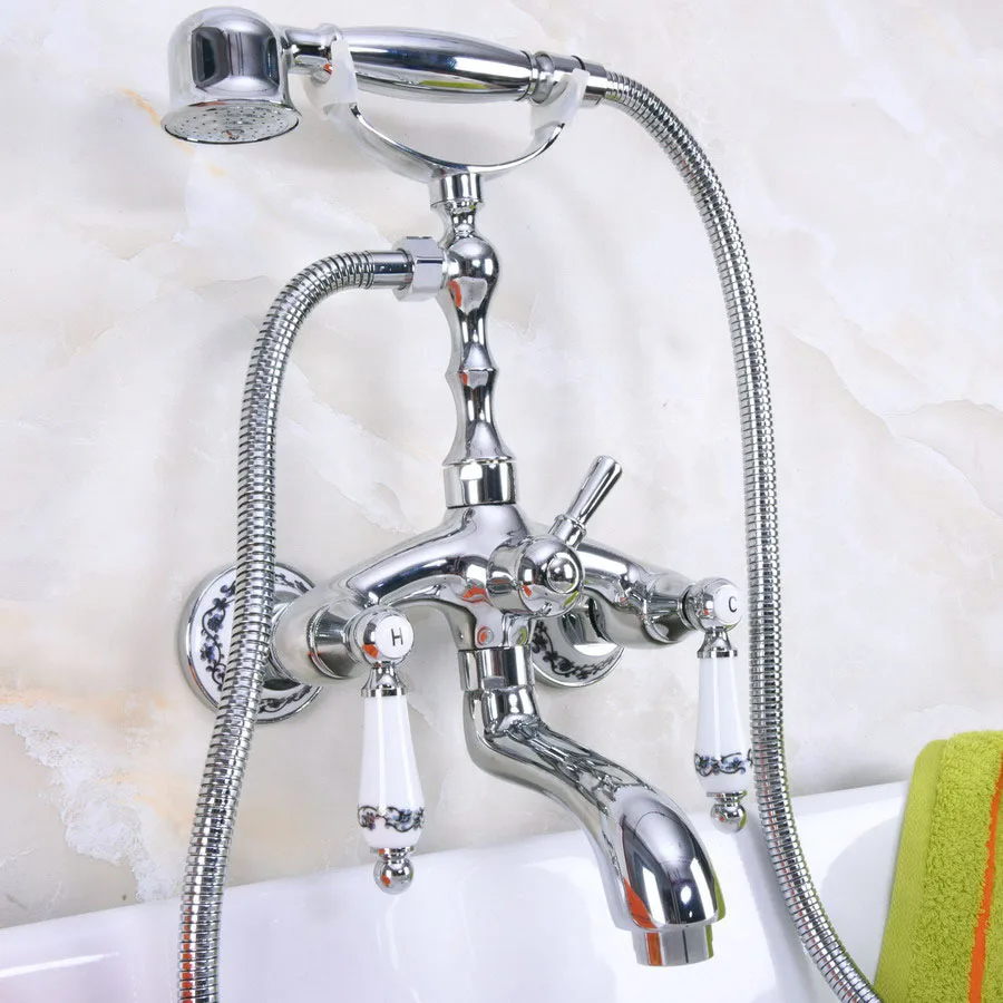 

Wall Mounted Polished Chrome Clawfoot Bathtub Faucet telephone style Bath Shower Water Mixer tap with Handshower zna216