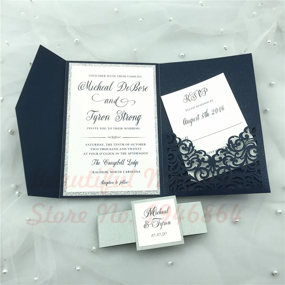 50pcs royal blue Laser Cut tri-fold Wedding Invitation Cards Kit Personalized Pocket Invite Customized RSVP with Belly band