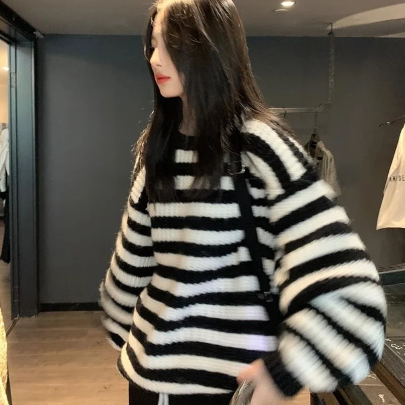 Striped Pullovers Women Ins O-neck Fashion Simple Chic Ulzzang Loose Clothes Classic Elegant Females Autumn Harajuku Streetwear