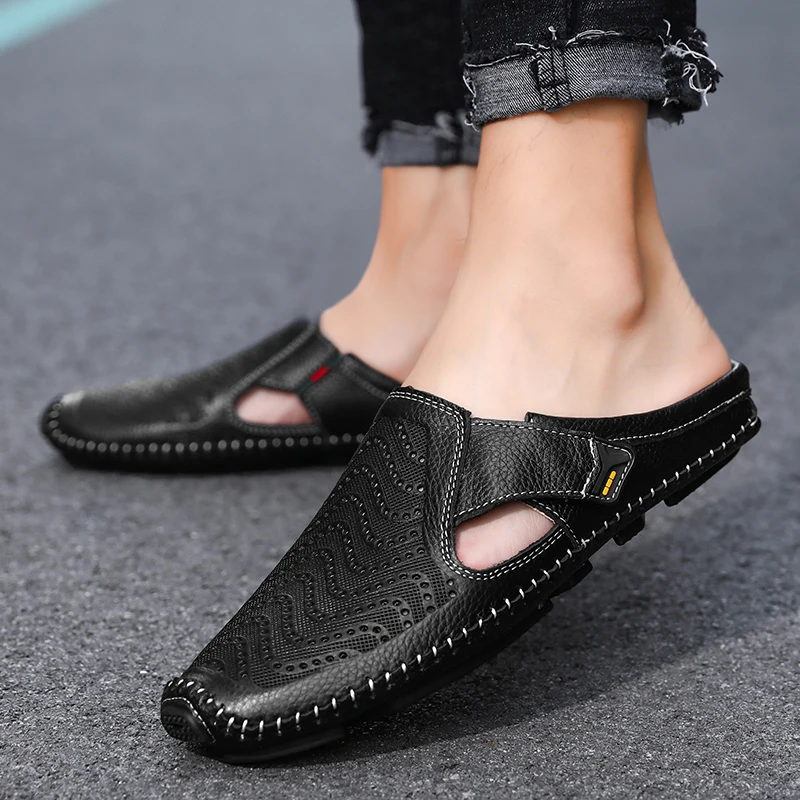 2020 Men Slippers Loafers Genuine Leather Business Driving Shoes Outdoor Autumn Men\'s Flats Breathable Casual Mules for Man