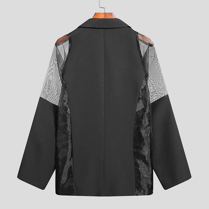 Chaqueta de hombre de malla de retazos, ropa de calle transparente con solapa de doble botonadura, prendas de vestir exteriores de manga larga,