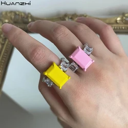 HUANZHI 2021 New Retro Square Paint Ring Candy Color Zircon Rhinestone Irregular Enamel Drop Glaze Ring For Women Girls Jewelry