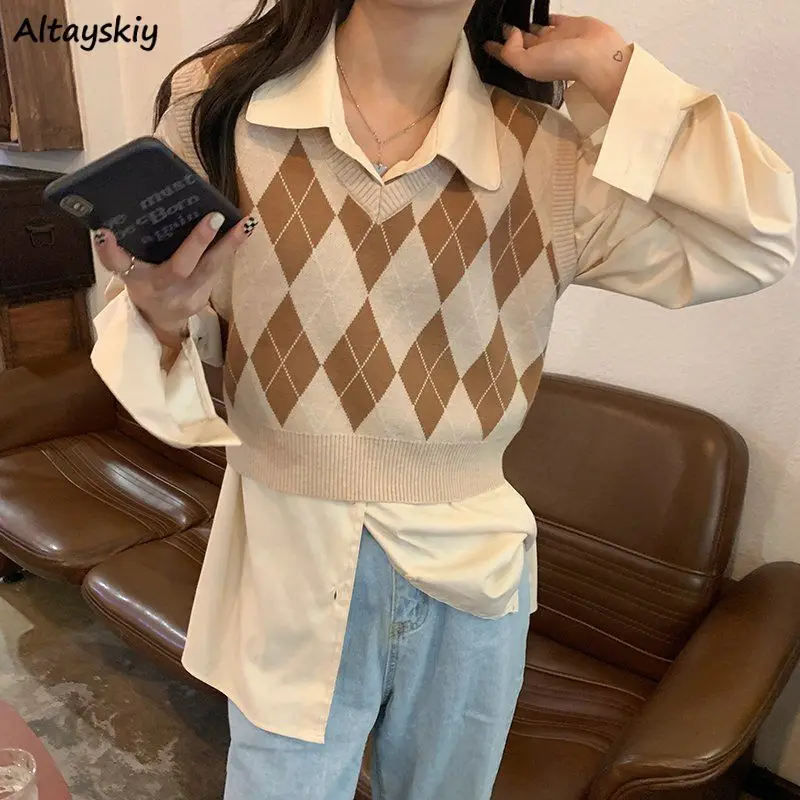 

Women Argyle Sweater Vests V-neck Contrast Sleeveless Knit Waistcoats Preppy Style Korean Crop Tops Autumn Elasticity Jumper New