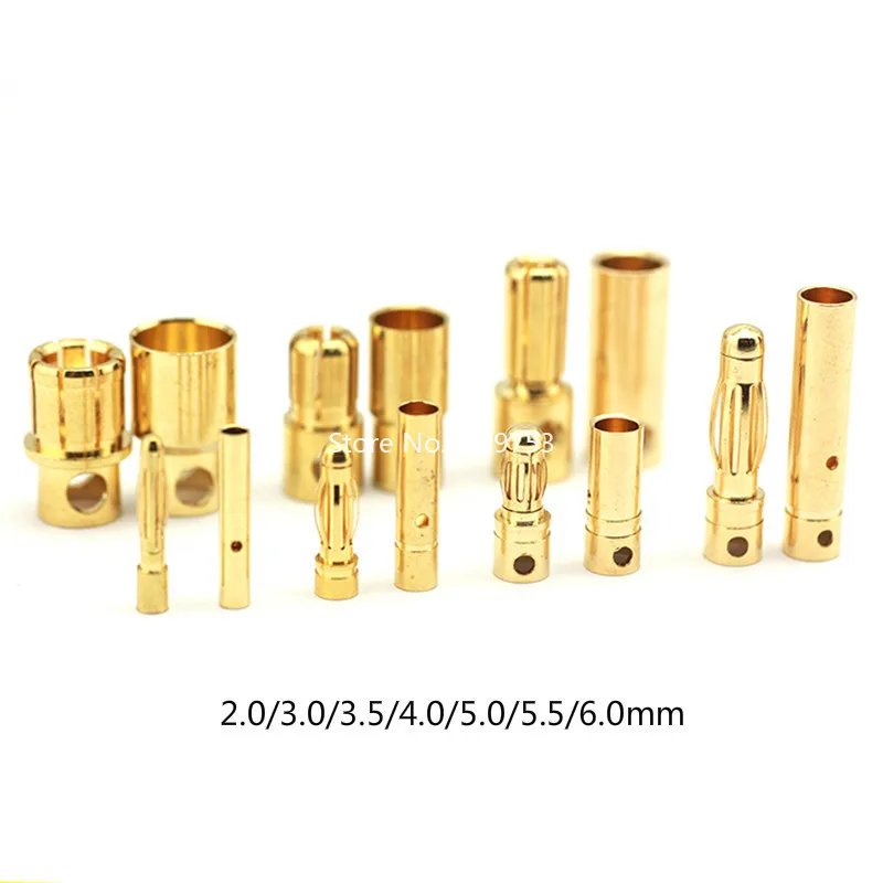 10sets Model Airplane Banana Plug Connector 2.0mm 3.0mm 3.5mm 4.0mm 5.5mm 6.0mm for ESC Lipo RC Battery Plugs Gold Plated Copper