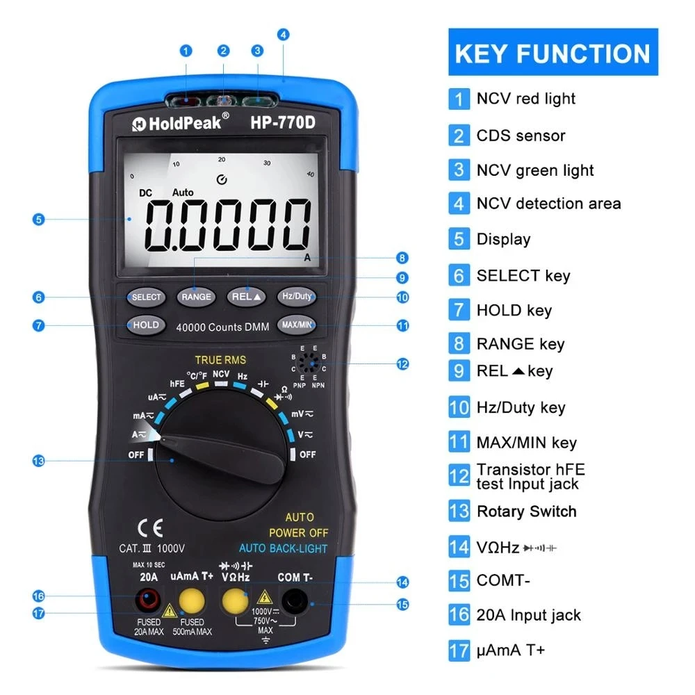 Digital Multimeter Tester HP-770D Auto Range Multimetro True RMS 40000 Counts Measure Ohm Volt Amp Esr Capacitor Tester