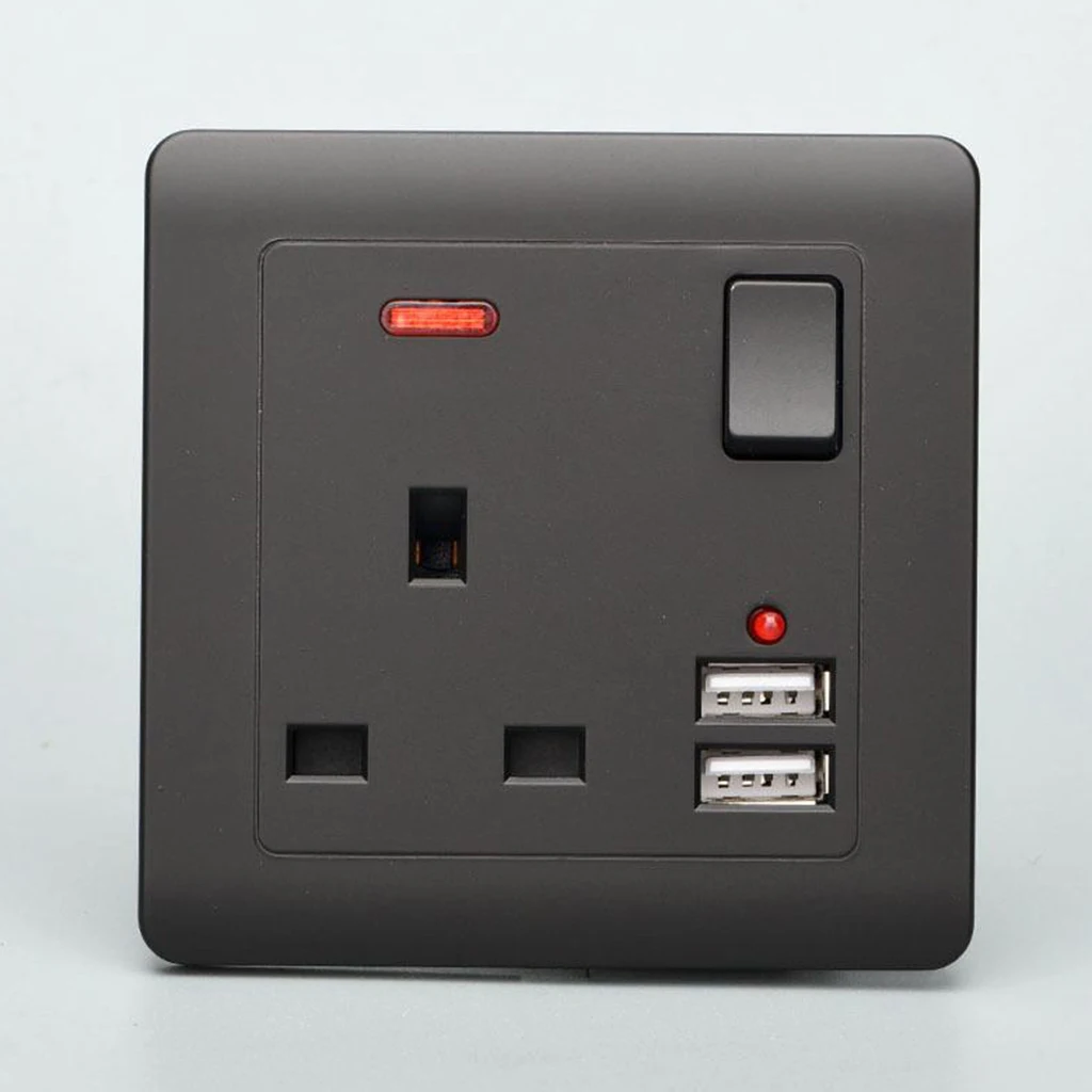 Electrical Wall Socket UK Plug 2 USB Charger Port Outlets Plate 13A Black 2 Gang 2 USB Charger Port Outlets Plate