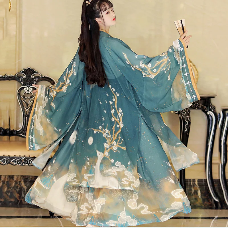 Hanfu Female Chinese Dance Wear Authentic Spring Autumn Loose Hand Over Collar Waist Dress Costume Printed Costumes Women