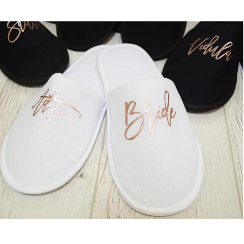 

Adult Party Favor Personalized rose gold Wedding bride Slippers custom Monogrammed Hen night closed toe Spa Slippers trip gifts