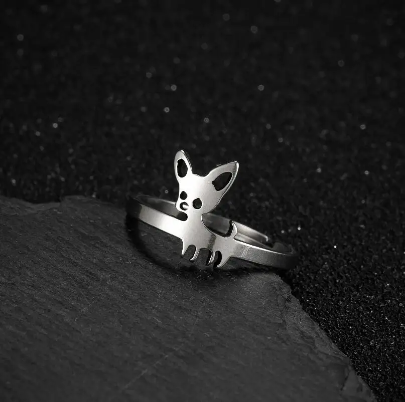 Shuangshuo Lovely Chihuahua Finger Rings Statement Jewelry for Women Adjustable Animal Shape Stainless Steel Ring Party Gift