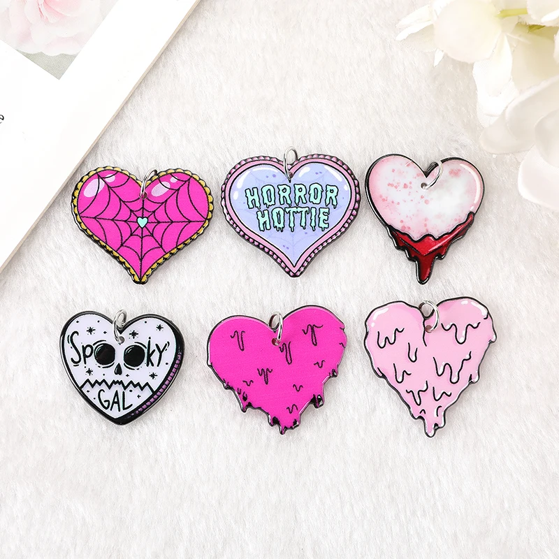 12Pcs Hollaween Acrylic Charms Spooky Bloody Spider Heart Pendant For Earring Necklace Diy Making