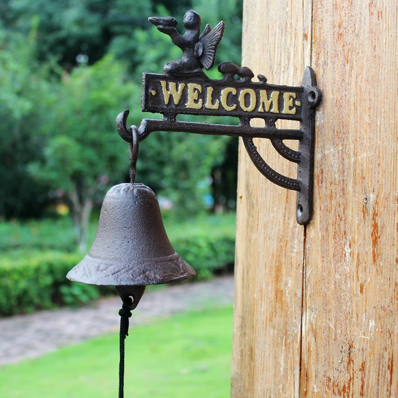 Black Angel Cast Iron Hand Cranking Wall Bell With Gold Welcome Signs European Home Garden Decor Hand Cranking welcome Door Bell