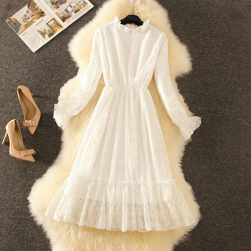 White with Fleece Lining Long Lace Dress for Women Spring and Autumn Dress Woman Dresses Vestido De Mujer Femme Robe