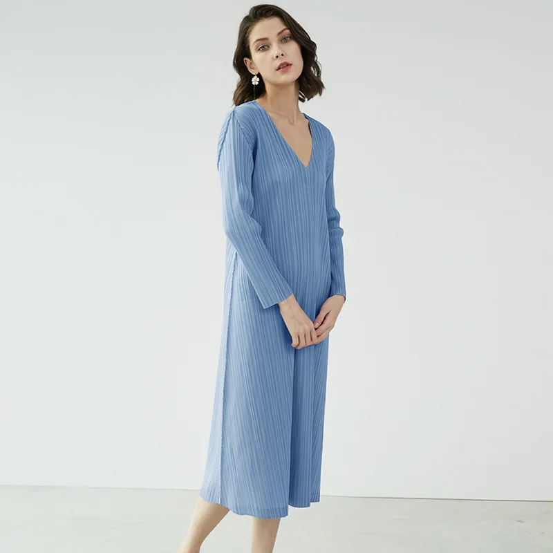 

Miyake Pleated Dress For Women Clothing Summer V-Neck Long Sleeved Solid Colour Stretchable Loose A-Line Casual Dress Midi