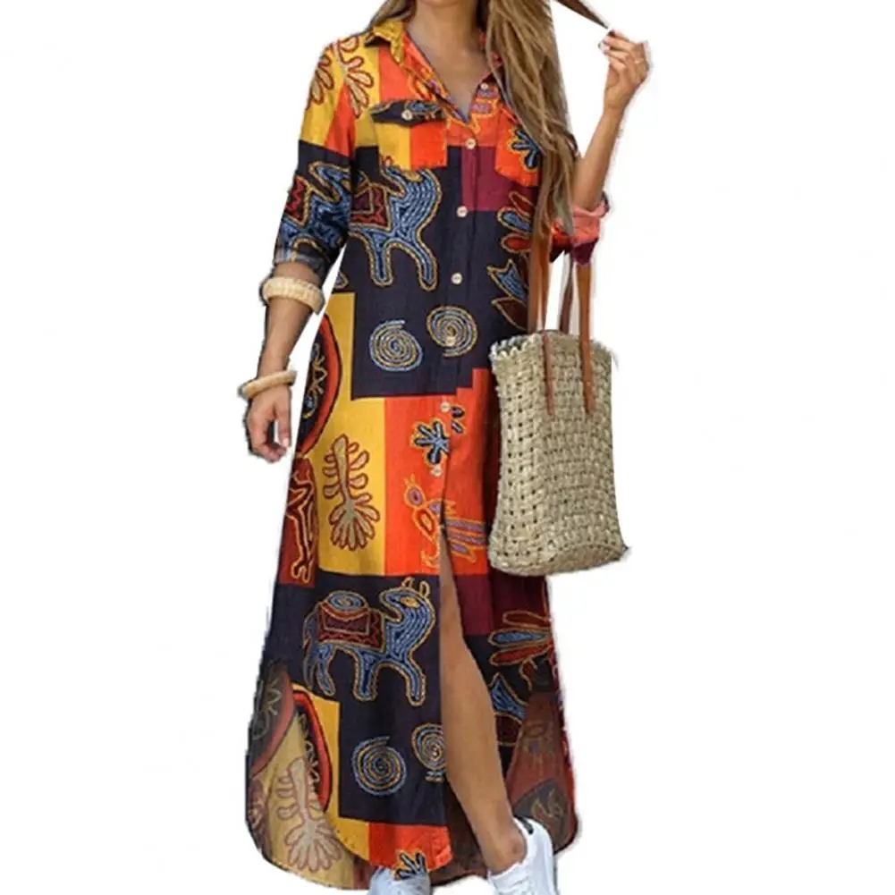 2022  New  Autumn  Casual Fashion Women Dress Single-breasted Long Sleeve Printed Loose Maxi Loose Party  Shirt Dress for Office