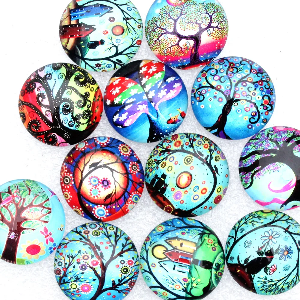 From 8mm to 30mm Random Mixed Round Life Tree Cabochons In Pairs Pattern Glass Flatback Photo Base DIY Making Accessories K06246