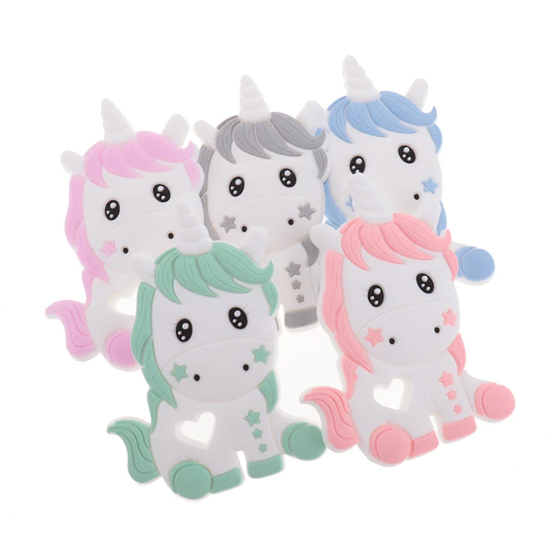 

5PCS Silicone Unicorn Baby Teether Food Grade Newborn Cartoon Rodent Teeth Pendant Pacifier Clip Chain Accessories Shower Gifts