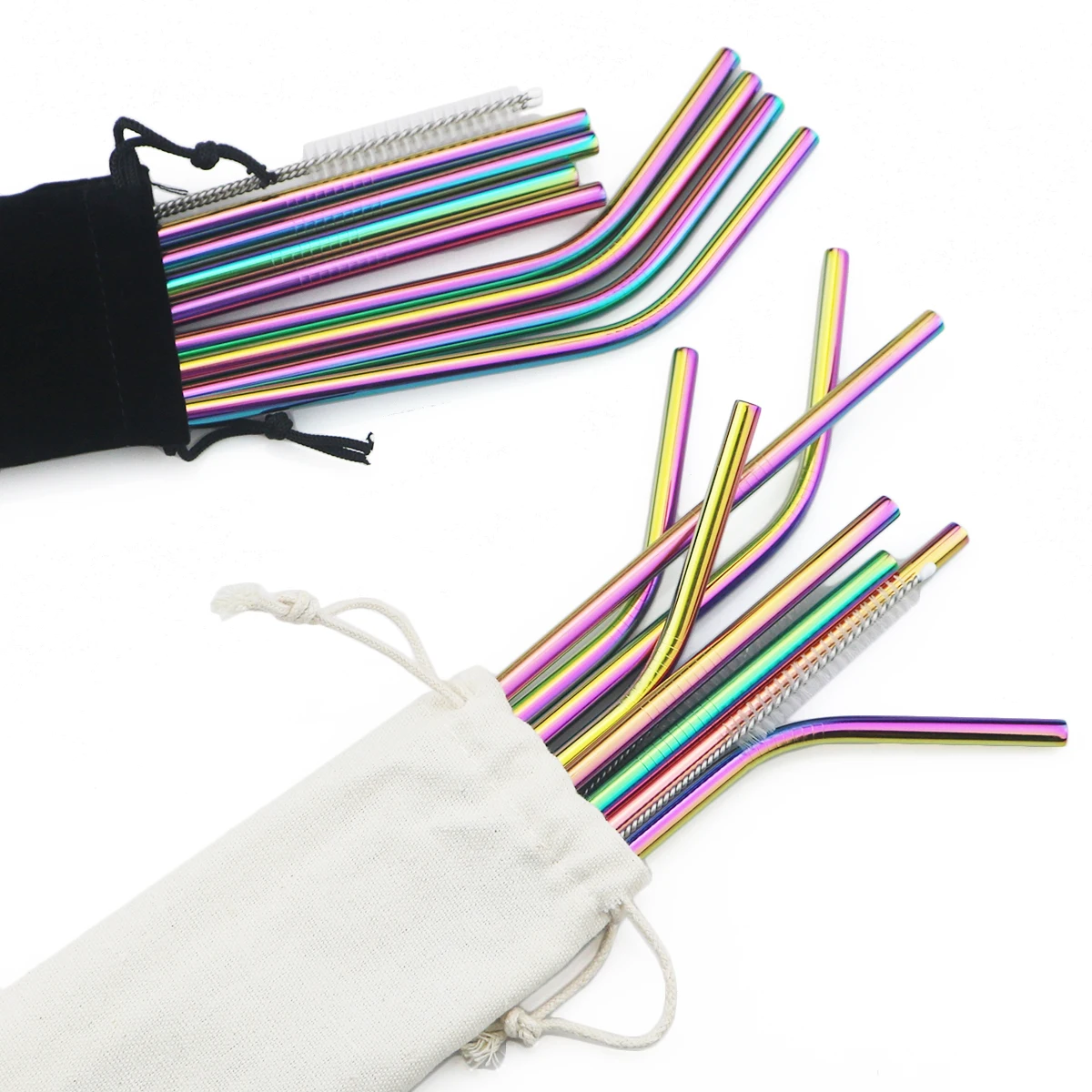 18/10 Stainless Steel Reusable Straws Gold Drinking Straw Set Mteal Straw Coffee Party Bar Straw With Cleaner Brush Portable Bag